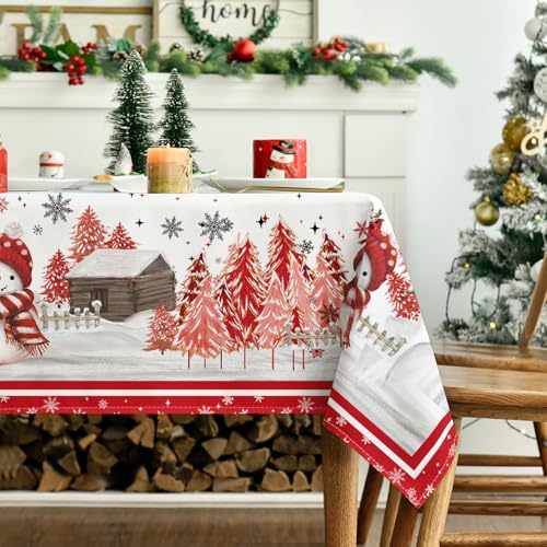 Horaldaily Christmas Tablecloth 60 x 104 Inch Rectangular Red Snowman Pine – 100% Polyester
