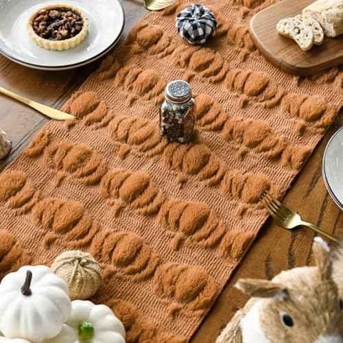 Artoid Mode Caramel Soft Plush Faux Fur Jacquard Pumpkins Fall Table Runner, Seasonal Autumn Kitchen Dining Table Decoration for Home Party Decor 13x36 Inch