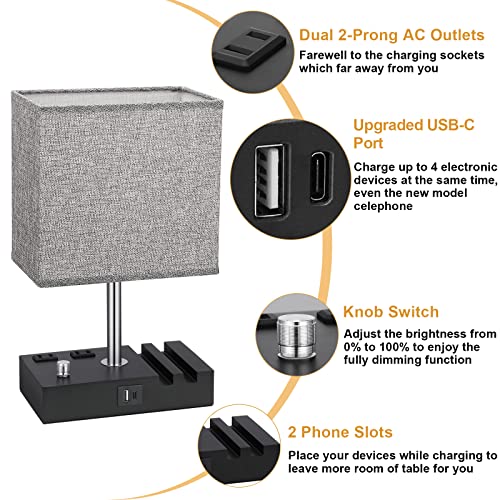 Wood Grain Bedside Table Lamp with USB Charging & 2 Outlets - Stepless Dimmable, 1 Pack
