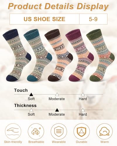 Senker Fashion Wool Socks for Women - 5 Pairs Winter Warm Crew Boot Socks, One Size, Blue Dark Blue Brown Red Green