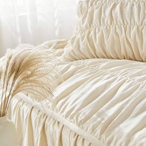 Wheat Queen Size Ruching Comforter Set - Luxurious Bedding with Shabby Chic Ruffles