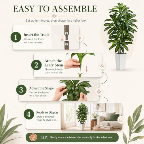 Dark Green Artificial Dracaena Tree 5FT Faux Plant with White Pot - Realistic Indoor Decor