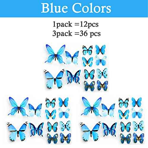 Ewong Butterfly Wall Decals, 36PCS 3D Butterflies Home Decor for Room, Wall Sticker for Girls Room Kids Bedroom Bathroom Baby Nursery Decoration (Blue)