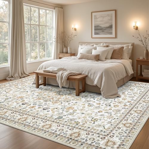 8x10 Beige Washable Area Rug for Living Room - Vintage Style, Non-Slip Backing