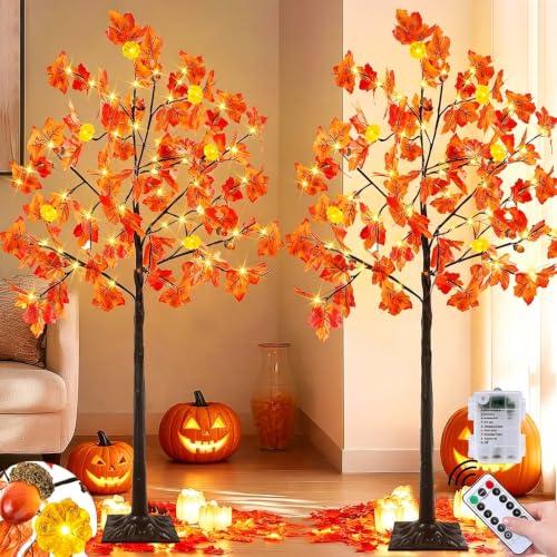 2 Pack 4ft Prelit Fall Maple Trees with Pumpkins & Acorns - Outdoor Indoor Decor