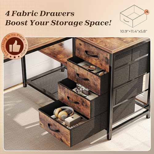 Reversible Small L Shaped Desk with Power Outlets & 4 Drawers - Rustic Brown, 43.3 Inches