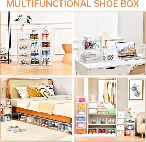 Clear Shoe Storage Box 6 Pack with Magnetic Door - Stackable Shoe Organizer for Sneakers, Fits US Size 12 - INSTY