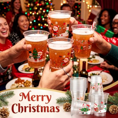 Mimorou 100 Pcs 12oz Christmas Plastic Cups - Merry Christmas Pattern, Gingerbread Man & Santa (Variation: Cute Christmas)