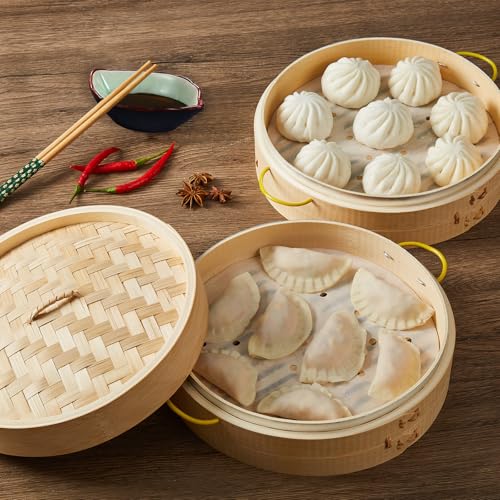 Bamboo Steamer Basket Set for Dim Sum Dumplings Vegetables - 10 Inch