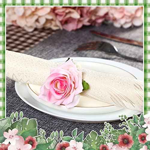 Flower Napkin Rings Set of 6 Pink Champagne Rose Flower Handmade Napkin Holder Rings Table Decorations for Summer Wedding Birthday Luncheons Picnics Banquet Thanksgiving Christmas