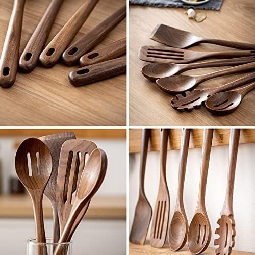 Gudamaye 12-Inch Black Walnut Wooden Cooking Spoons - 6-Piece Long Handle Kitchen Utensil Set