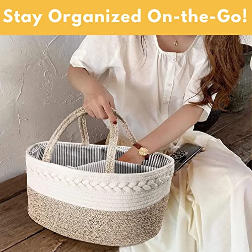 Beige Baby Changing Basket Set with Diaper Caddy Organizer - Handcrafted Cotton Boho Nursery