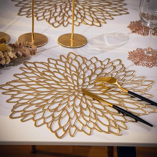 Snowkingdom Gold Leaf Placemats Pack of 18 - Metallic Round Vinyl Table Charger Mats for Dining & Events
