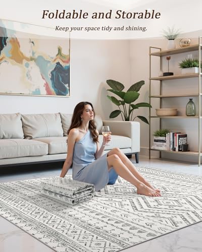 8x10 Grey Washable Non-Slip Area Rug with Moroccan Pattern - Living Room