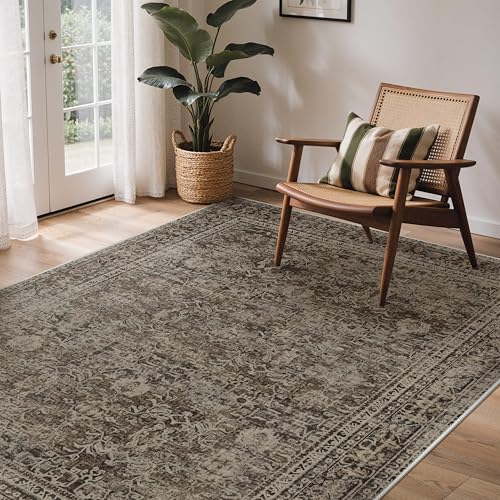 8x10 Taupe Brown Washable Area Rug - Vintage Boho Non-Slip Indoor Carpet