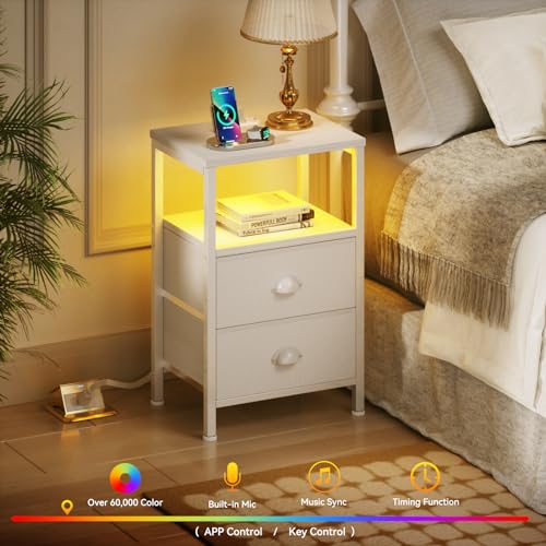 Furologee White Nightstand Set of 2 with LED Lights & Charging Stations - Modern Bedroom Side Tables
