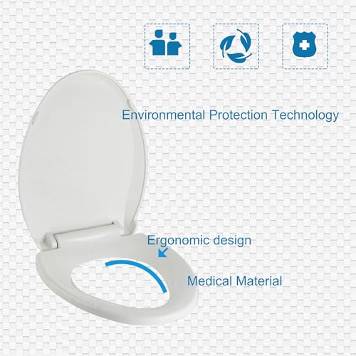 Elongated Toilet Seat Slow Close White 18.5 Inch No Baby Seat - Durable & Easy to Install