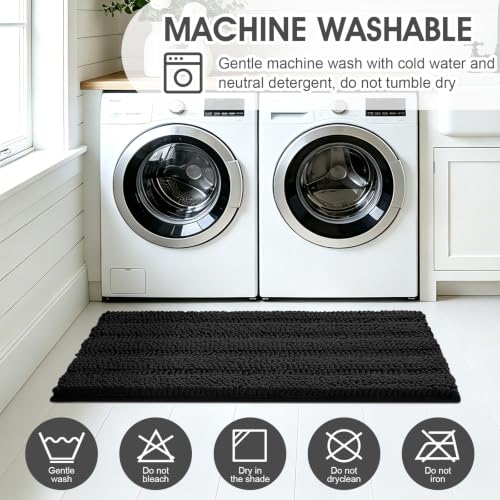 ACCUMTEK Striped Black Bathroom Rug Set 3 Pieces Ultra Soft, Non Slip
