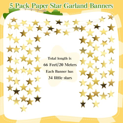 Star Garland, Glitter Gold Star Garland Banner, 66 Feet Double Side Star Hanging Bunting Banner Backdrop Little Star Paper Hanging Decor for Christmas Graduation Birthday Wedding Party Decorations