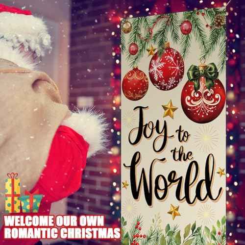 Merry Christmas Joy to The World Door Cover Xmas Balls Decorations Pine Cone Christmas Backdrop Banner Holiday in July Background Banner for Front Door Xmas Party Decor