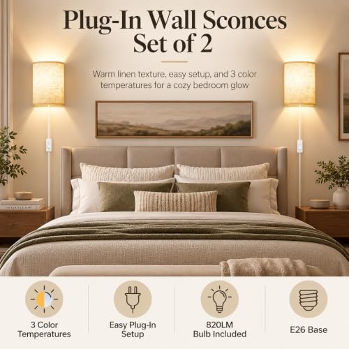 Beige Plug-in Wall Sconces Set of 2 with On/Off Switch & Adjustable Color Temperature
