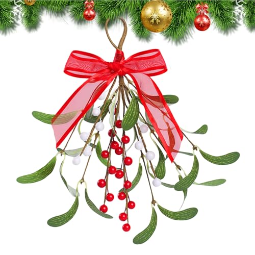 Mistletoe Christmas Decor, Artificial Mistletoe Decoration for Doorway Hanging Christmas Ornament Kissing Ball Artificial Glitter Leaf Hanging Decoration for Couple
