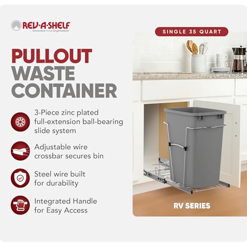 Pullout Trash Can for Kitchen Cabinets 35 Qt Silver - Easy Install