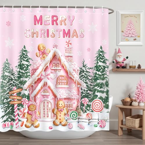Pink Christmas Gingerbread Shower Curtain 72x72 inch Waterproof Bathroom Decor