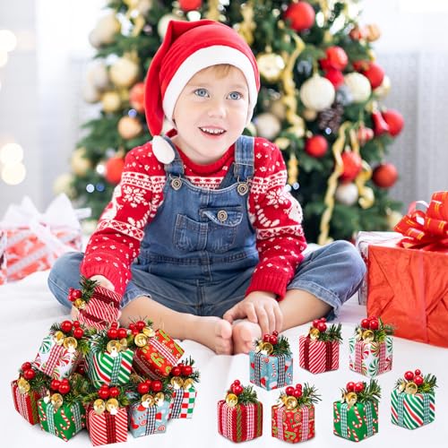 16 Pcs Christmas Tree Mini Gift Boxes - Colorful 8 Styles with Bells & Berries (2 each)