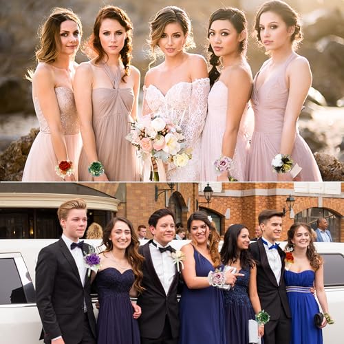 2pcs Red Corsage Wristlet Boutonniere for Men Silk Christmas Corsgea and Boutonniere Set Double Pearl Wrist Corsage Bracelets Rose Boutonniere for Wedding Party Prom Decor