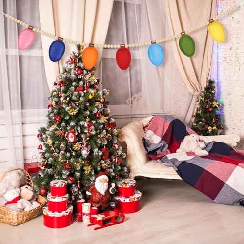 Christmas Felt 3D Light Bulbs Garland, Christmas Decorations for Home, Felt Light Bulbs Garland and Wood Bead for Christmas Decor, Christmas Banner for Mantle Christmas Party Supplies Home Wall Decor