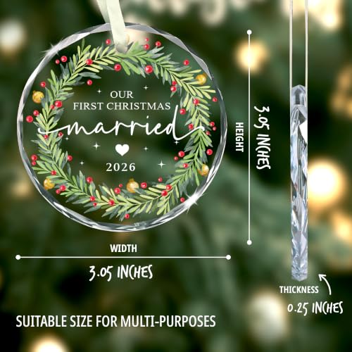 Our First Christmas Married 2026 Ornament – Glass Wreath Gift for Couples (With Navy Box)