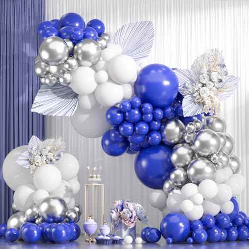 154pcs Blue White Silver Balloon Arch Kit - 18 12 10 5inch Royal Blue, Metallic Silver Confetti Balloon Garland for New Year Eve, Graduation, Birthday Party Decoration
