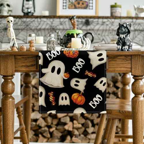 Artoid Mode Ghost Pumpkin Camdy 210 GSM Halloween Table Runner,Seasonal Fall Kitchen Dining Table Decoration for Home Party Decor 13x36 Inch
