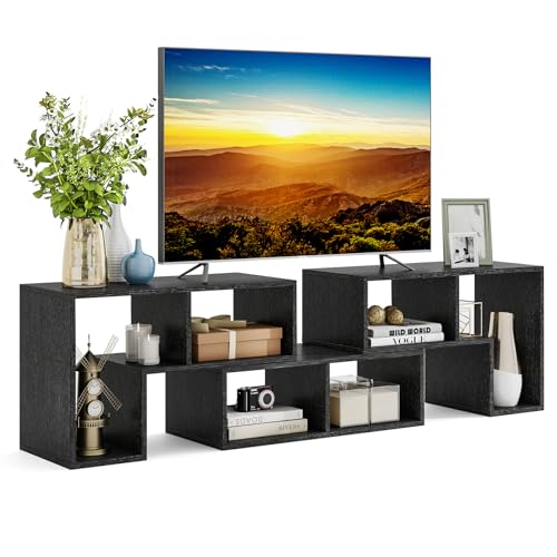 Tangkula Black Wood Grain 3-Piece TV Console Set for 50-65 Inch Flat Screen, DIY Media Storage