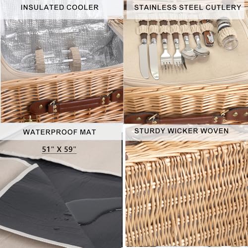 Multifunctional Wicker Picnic Basket Set for 2 with Blanket & Table - Natural Variation