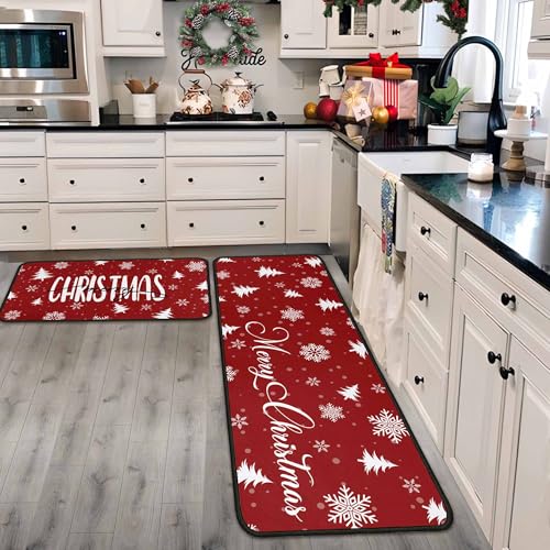 Putware Christmas Snowflake Kitchen Rugs Set of 2 17x47 + 17x30 Non-Slip Holiday Mats