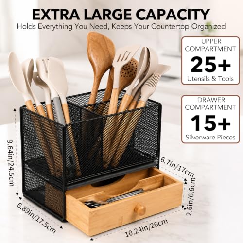 Extra Large Kitchen Utensil Holder with Drawer and Drying Base – Countertop Organizer for Cooking Tools
