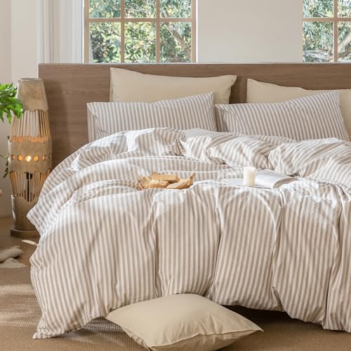 Cal King Striped Duvet Cover Set 100% Washed Cotton Linen-Like - Classic Tannish Grey & White