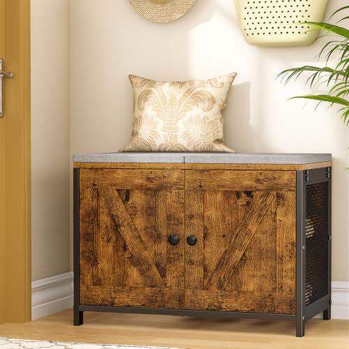 Small Entryway Shoe Storage Bench with Cushioned Seat and Doors
