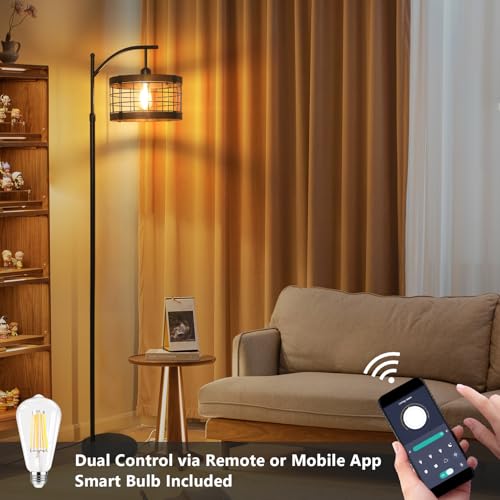Arc Floor Lamp with Remote & Dimmable LED Bulb - Rustic Industrial Tall Lamp for Living Room & Bedroom