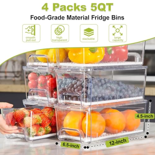 4-Pack Refrigerator Drawer Organizer Bins - Clear Stackable Fridge Storage with Drain Layer for Fruits Vegetables Snacks