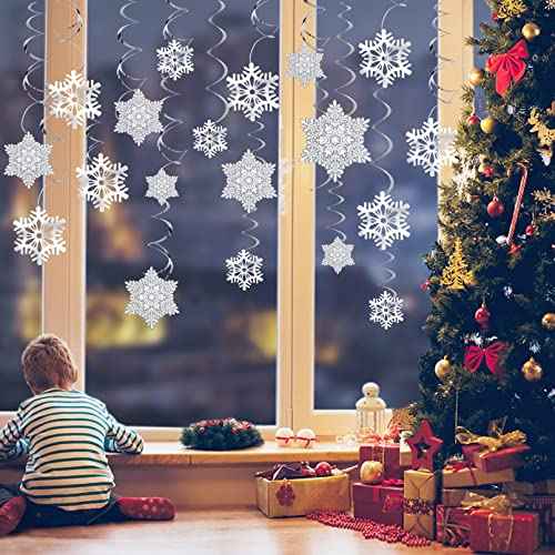 Ouddy Life 51 Pcs Christmas Snowflake Swirl Hanging Decorations, White Silver Snowflake Ornaments Decorations for Christmas New Year Holiday Winter Wonderland Frozen Theme Birthday Party Decorations