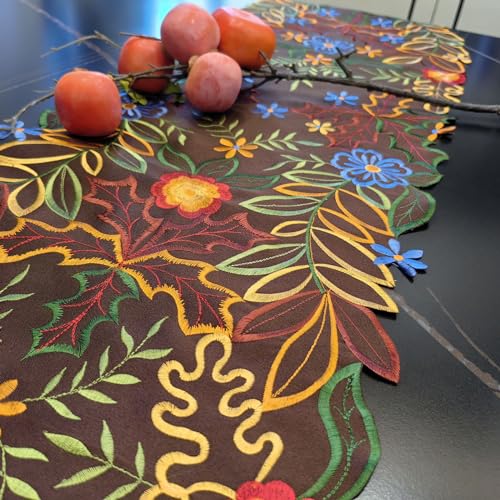 Autumn Flowers & Maples Table Runner 69in - LeLehome Embroidered Decor, 14" x 69"