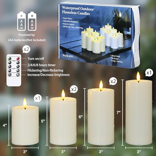 Outdoor Flameless Waterproof Candles Set with Remote Control - Ivory, 3-7 Inch Height, Cycle Timer