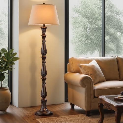 Dark Brown Vintage Floor Lamp with Linen Shade - Antique Tall Standing Lamp for Living Room & Bedroom