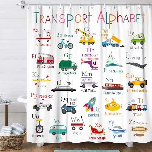 Vehicles Alphabet Shower Curtain for Kids, Kid Excavator Tractor Machinery Trucks Curtain, Construction Vehicle Boys, Bulldozer Crane Bath Equipment Truck