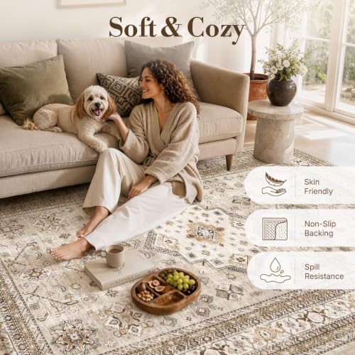 8x10 Beige Area Rug - Washable Traditional Vintage Carpet for Living Room
