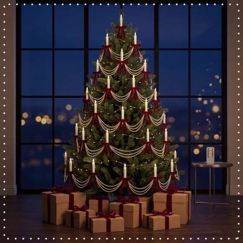 48PCS Christmas Pearl Garland & Velvet Bow Decor Set with Flameless Candles