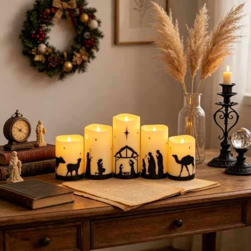 Nativity Scene 5-Piece Flameless Candles Ivory - Sasigeiaa 3" D x 4/5/6" H Christmas Nativity Set